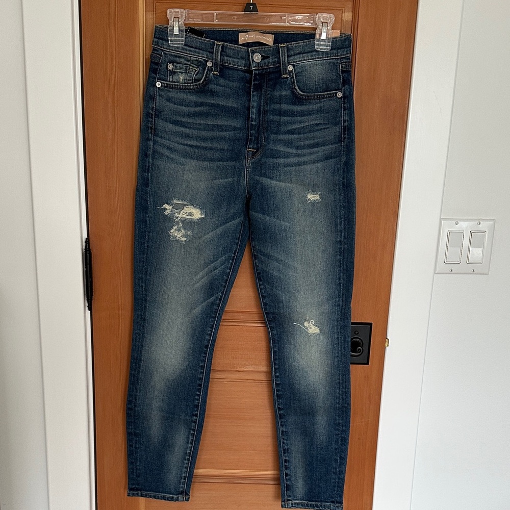 7 For All Mankind Dark Blue Distressed Cropped Jeans